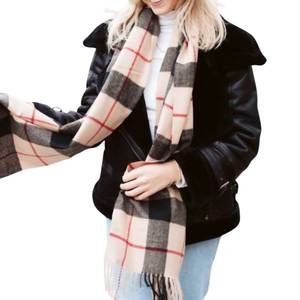 NEW PRETTY SIMPLE plaid fringe blanket scarf in cashew tan